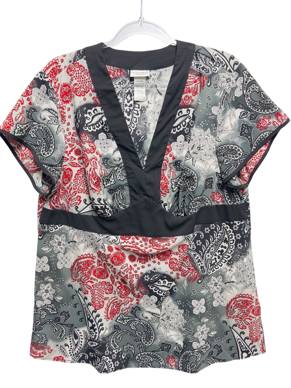 Silky Satin Knit Contrast Trim Abstract Art Paisley Floral Blouse Top